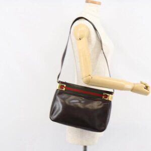 GUCCI Web Sherry Line Shoulder Bag Leather Dark Brown Gold Auth 149569